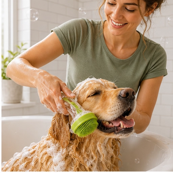 Scrubble – 2-in-1 Pet Bath Brush with Shampoo Dispenser &amp; Long Handle + 50% OFF