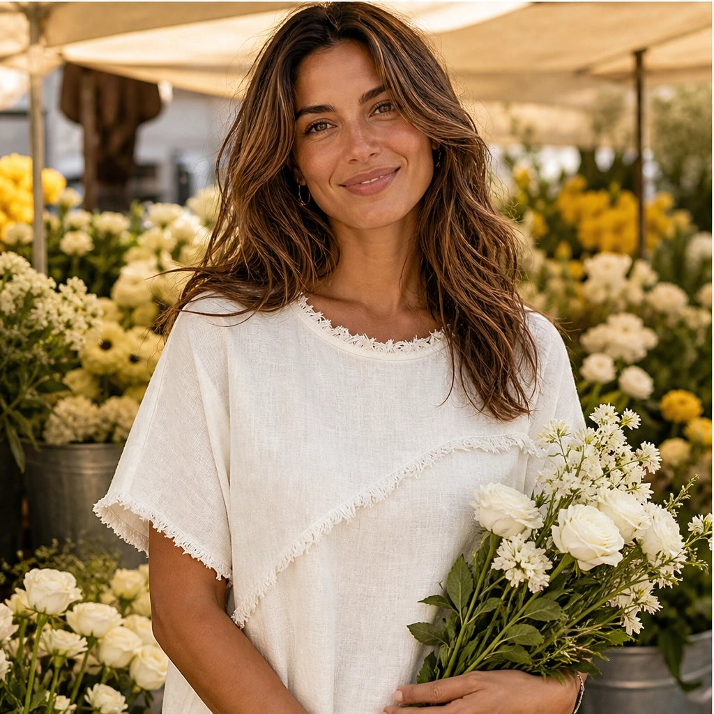 Frayla – Raw Edge Relaxed Fit Round Neck Summer Top + 50% OFF