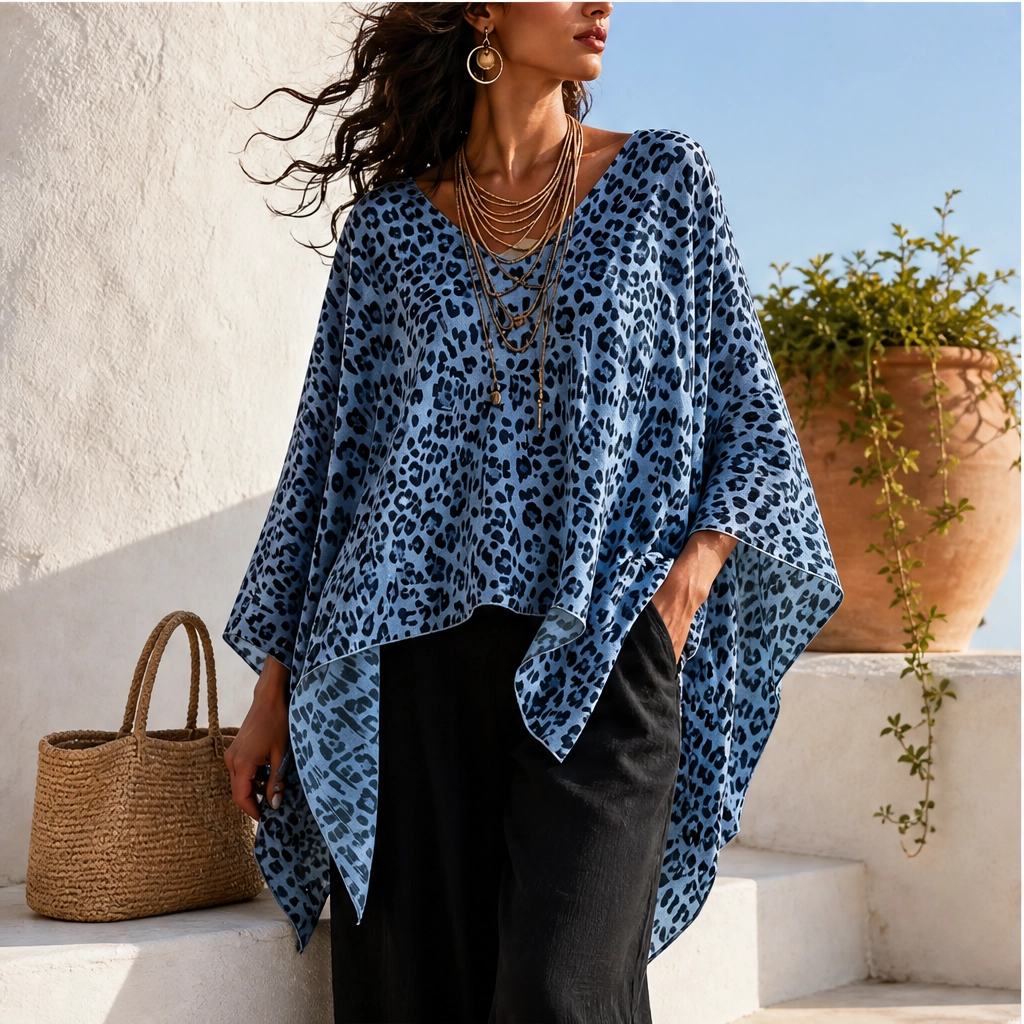 Rivena – Leopard-Print Batwing Top with Asymmetrical Hem + 50% OFF