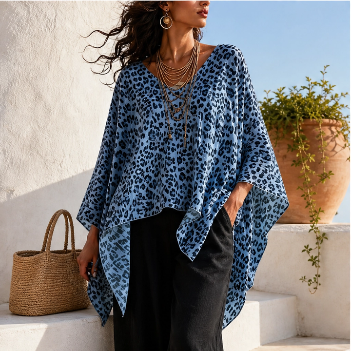 Rivena – Leopard-Print Batwing Top with Asymmetrical Hem + 50% OFF