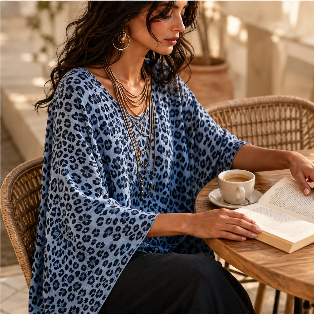 Rivena – Leopard-Print Batwing Top with Asymmetrical Hem + 50% OFF
