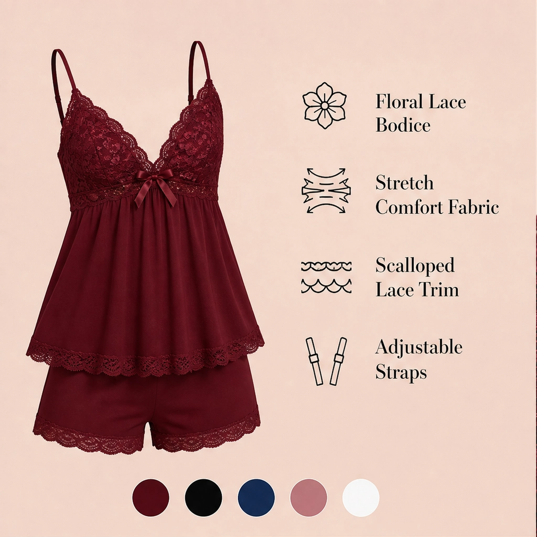 Velisse – Lace-Trim V-Neck Cami &amp; Shorts Sleepwear Set + 1+1 FREE
