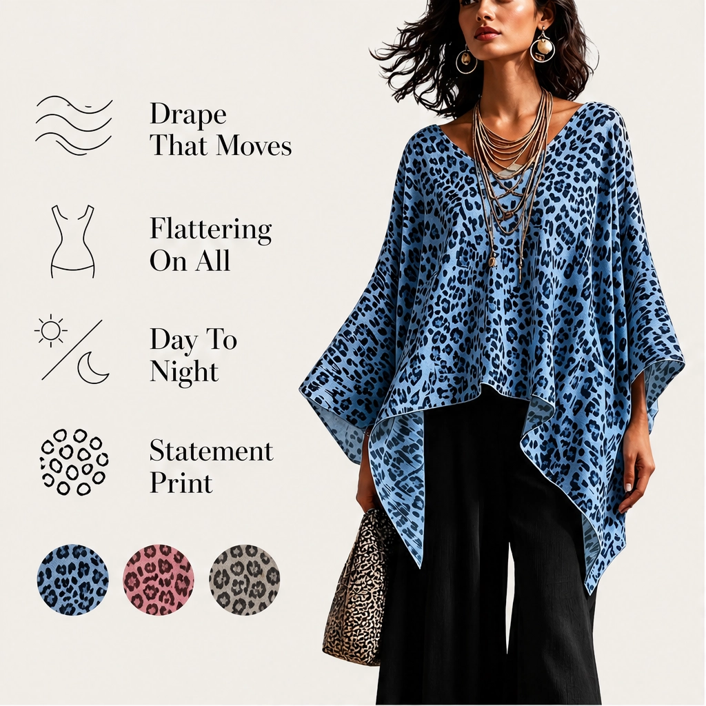 Rivena – Leopard-Print Batwing Top with Asymmetrical Hem + 50% OFF
