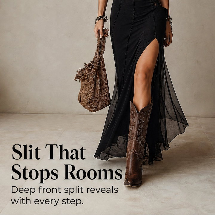 Noirelle – One-Shoulder Mesh Maxi Dress with Front &amp; Side Slit + 50% OFF