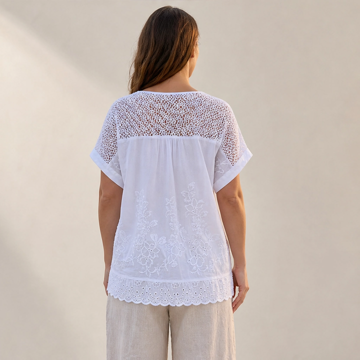 Lacewillow – Embroidered Lace V-Neck Blouse with Relaxed Fit + 50% OFF