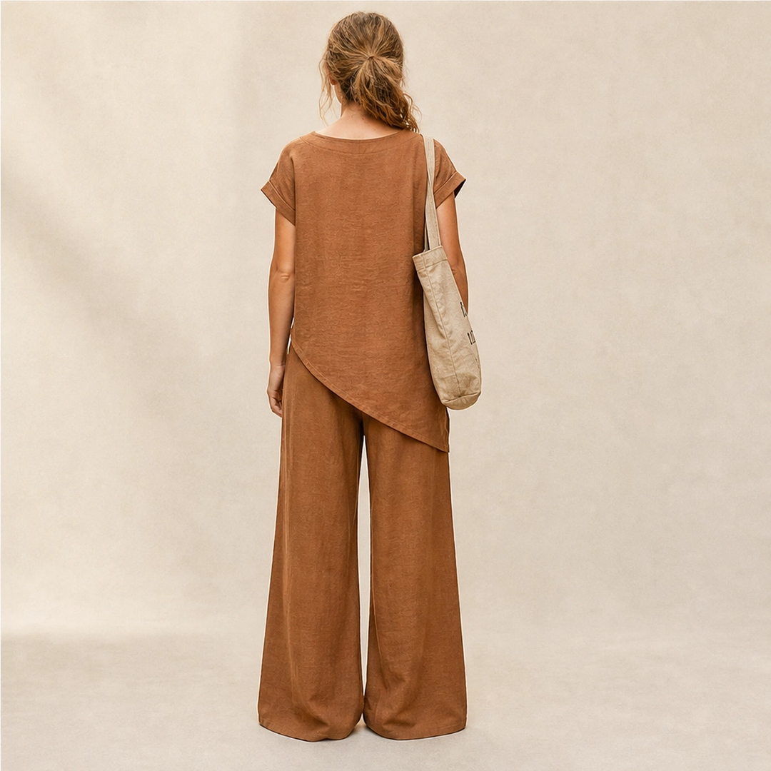 Cassia – Asymmetric Button Top &amp; Wide-Leg Pants Set + 50% OFF