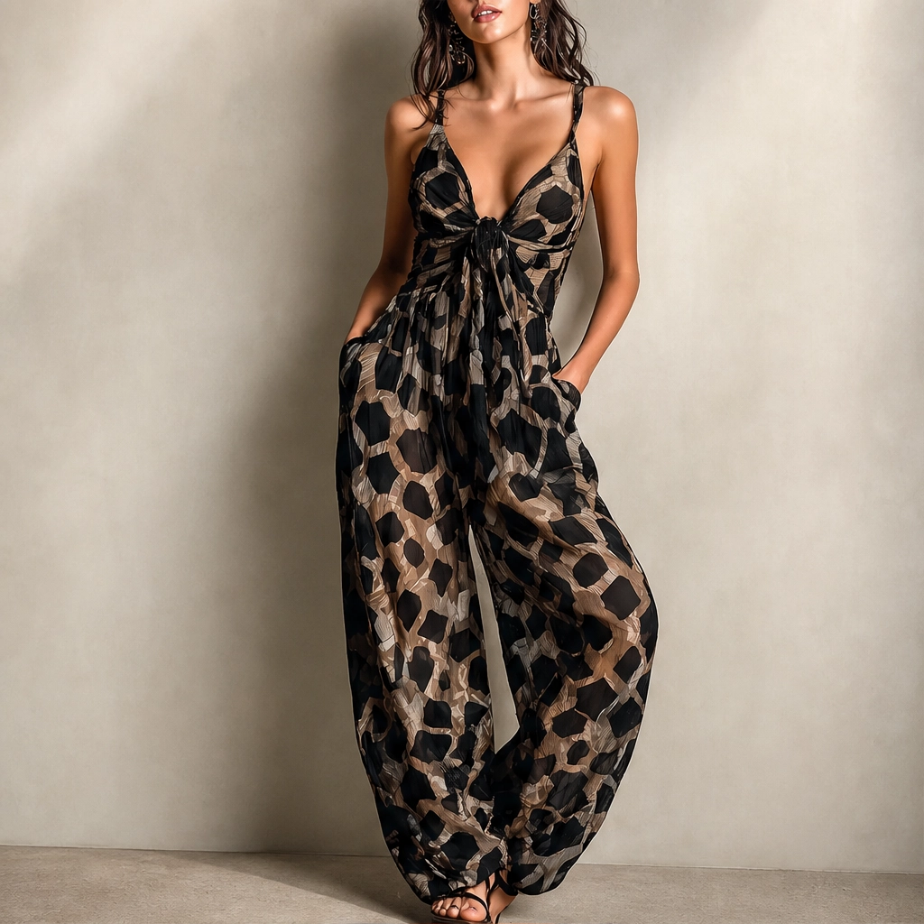 Savanne – Animal Print Tie-Front Chiffon Wide-Leg Jumpsuit + 50% OFF