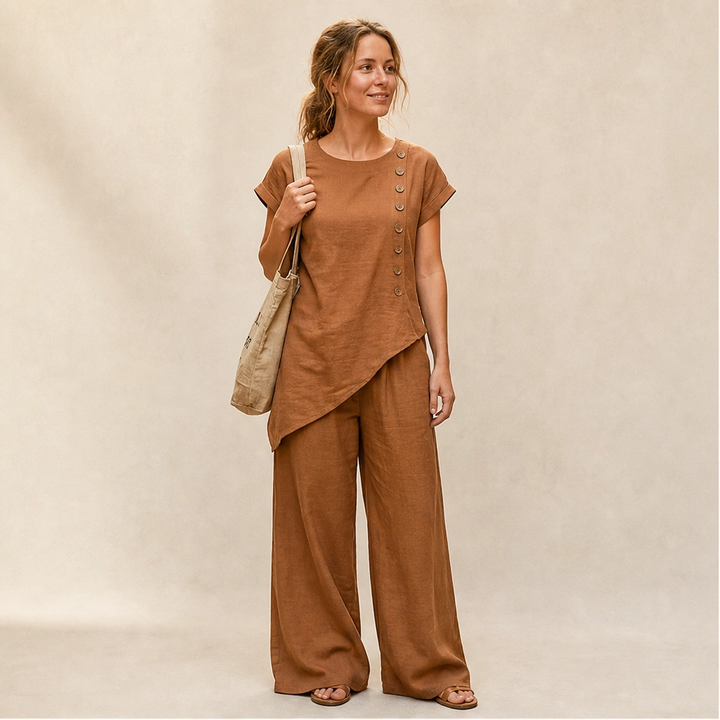 Cassia – Asymmetric Button Top &amp; Wide-Leg Pants Set + 50% OFF