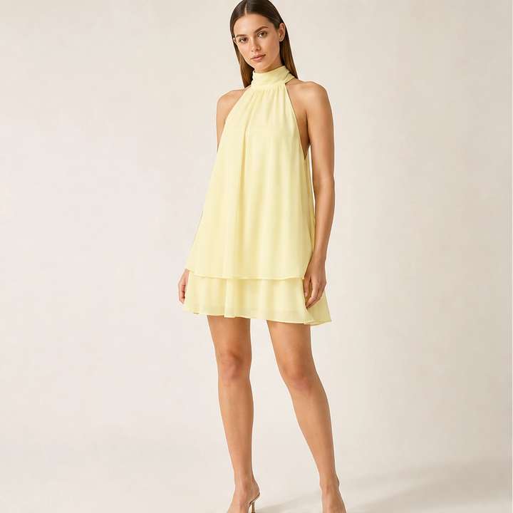 Solenne – Flowy Layered Halter Mini Dress with Open Back + 50% OFF