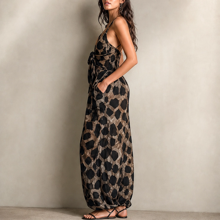 Savanne – Animal Print Tie-Front Chiffon Wide-Leg Jumpsuit + 50% OFF