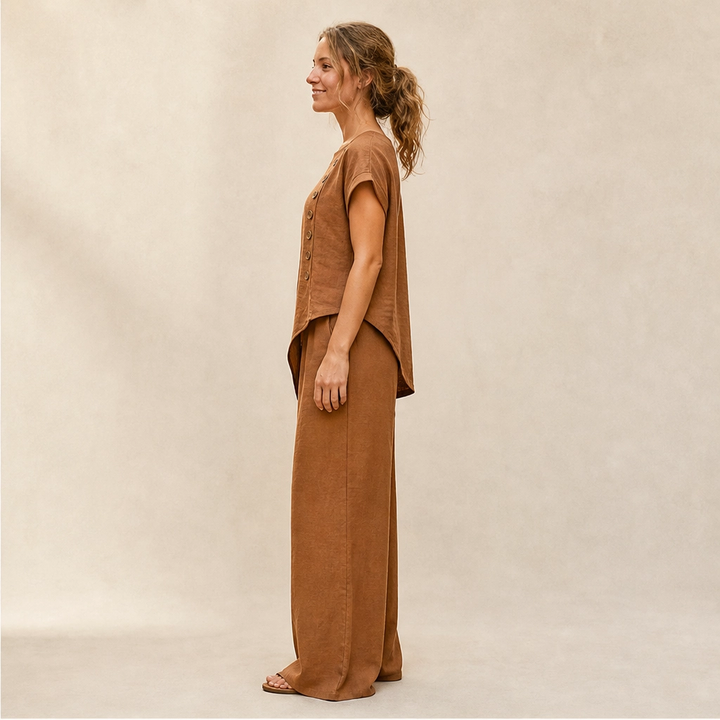 Cassia – Asymmetric Button Top &amp; Wide-Leg Pants Set + 50% OFF