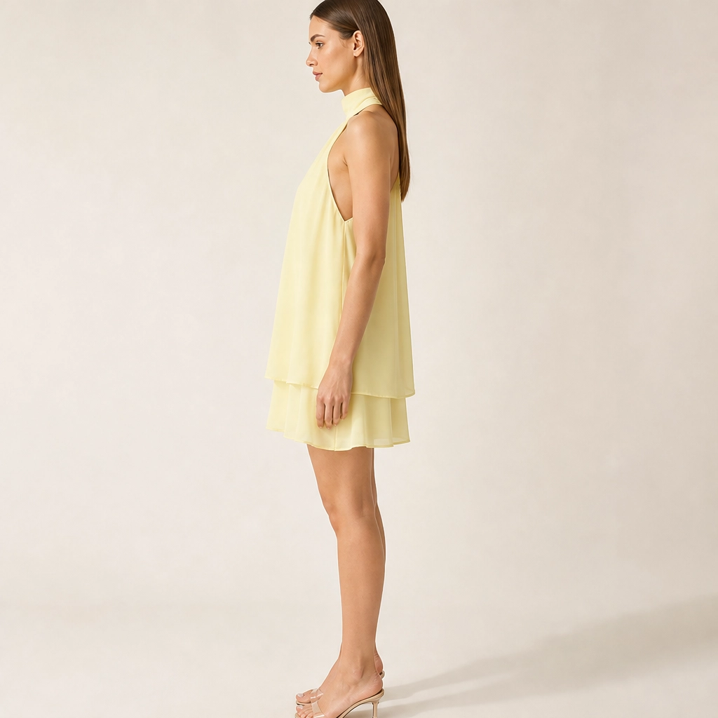 Solenne – Flowy Layered Halter Mini Dress with Open Back + 50% OFF