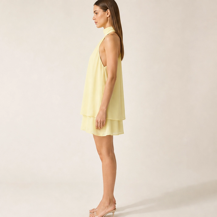 Solenne – Flowy Layered Halter Mini Dress with Open Back + 50% OFF