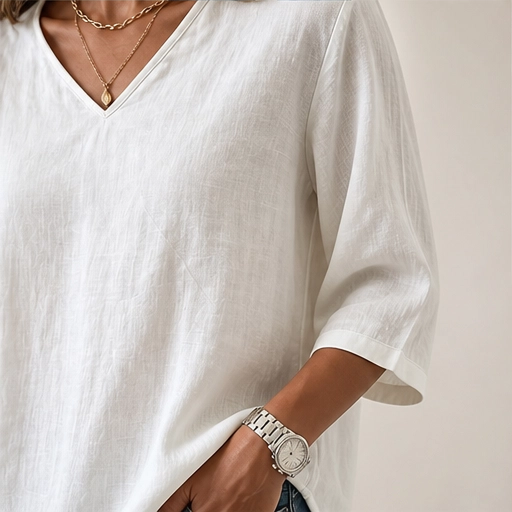 Drapelle – Relaxed V-Neck 3/4 Sleeve Blouse + 50% OFF