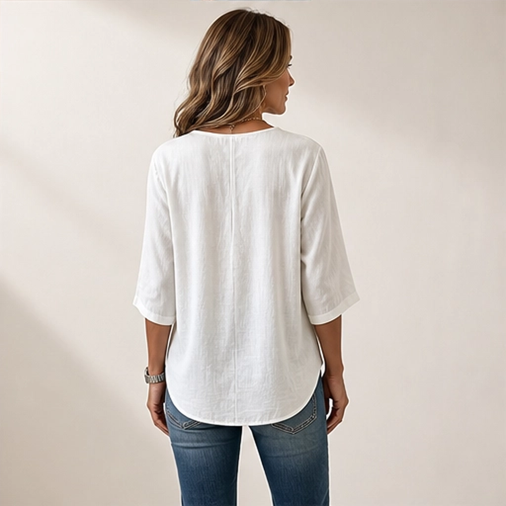 Drapelle – Relaxed V-Neck 3/4 Sleeve Blouse + 50% OFF