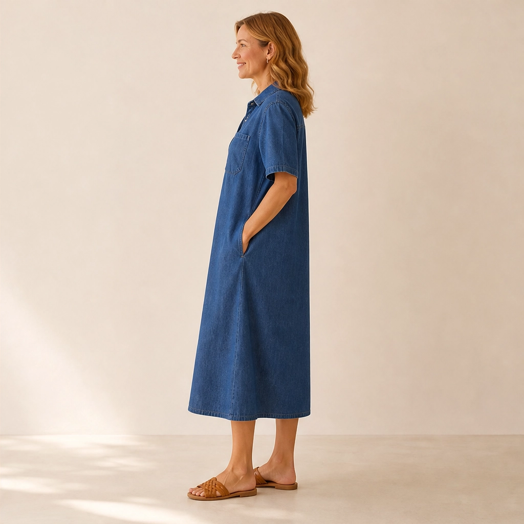 Wrenley – Soft Real-Denim V-Neck Midi Shirt Dress with Pockets + 50% OFF