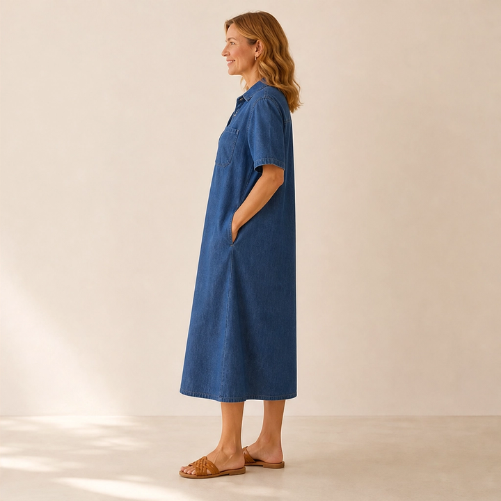 Wrenley – Soft Real-Denim V-Neck Midi Shirt Dress with Pockets + 50% OFF
