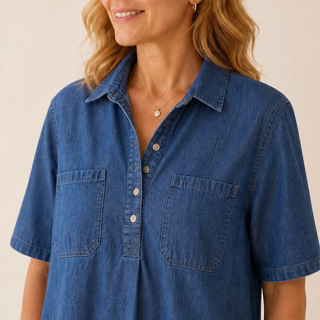 Wrenley – Soft Real-Denim V-Neck Midi Shirt Dress with Pockets + 50% OFF