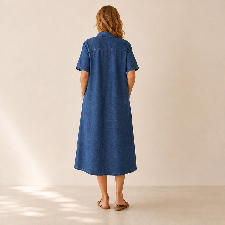 Wrenley – Soft Real-Denim V-Neck Midi Shirt Dress with Pockets + 50% OFF