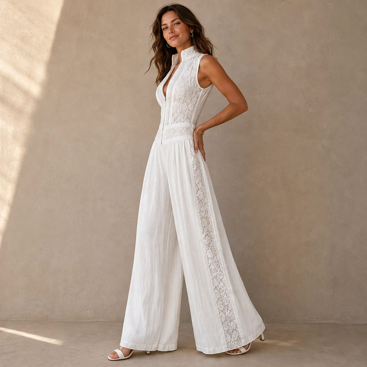 Verlaine – Lace-Panel Wide-Leg Jumpsuit with Adjustable Zip Collar + 50% OFF