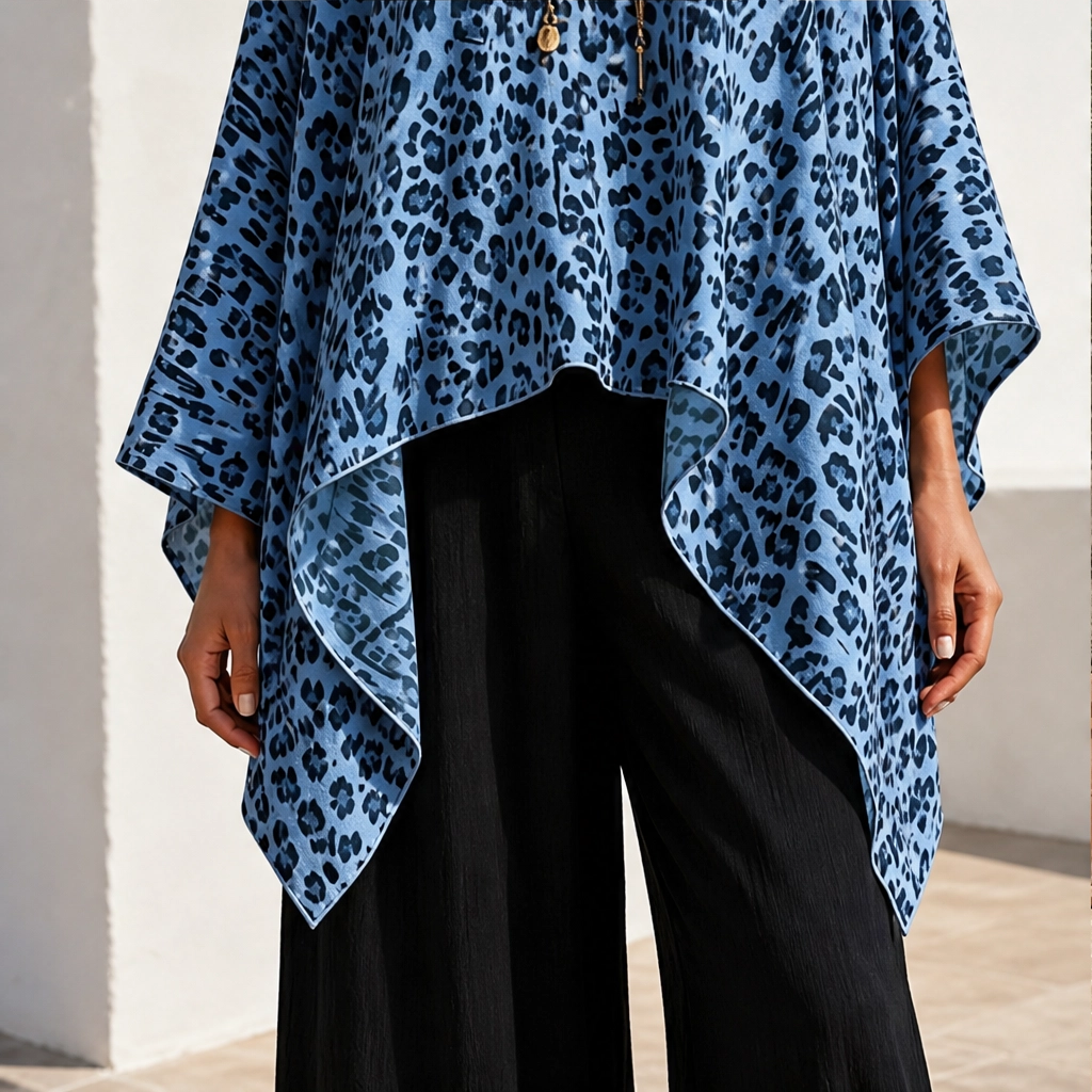 Rivena – Leopard-Print Batwing Top with Asymmetrical Hem + 50% OFF