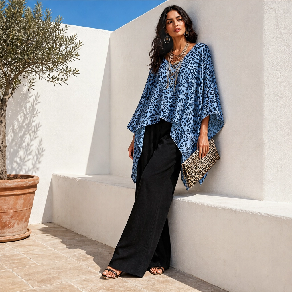 Rivena – Leopard-Print Batwing Top with Asymmetrical Hem + 50% OFF