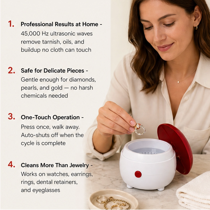 Gleamora – One-Button Compact Cleaner for Jewelry, Watches &amp; Dentures + 50% OFF