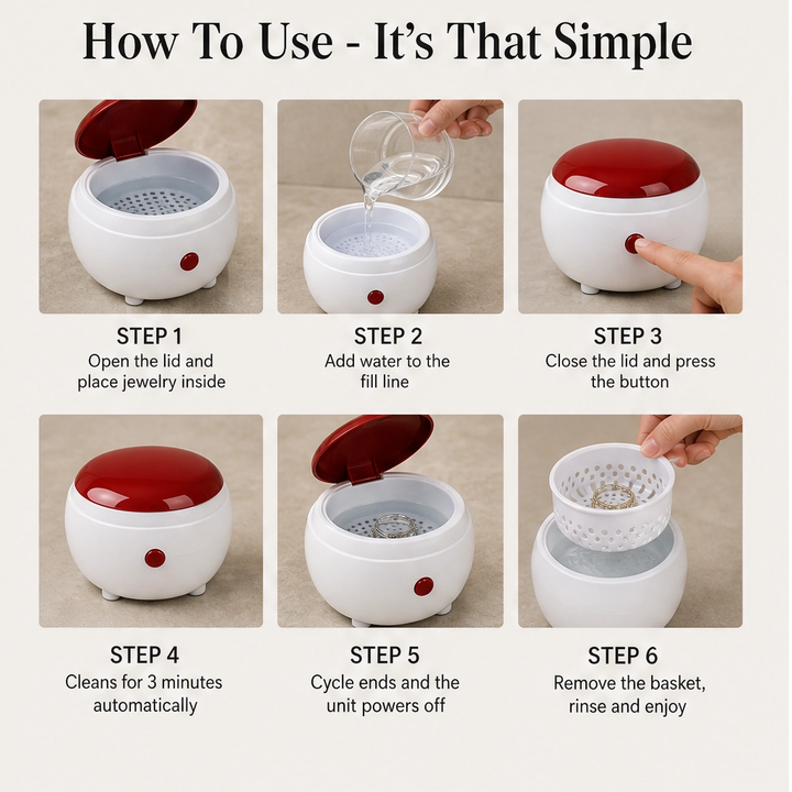 Gleamora – One-Button Compact Cleaner for Jewelry, Watches &amp; Dentures + 50% OFF