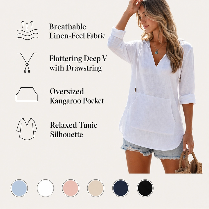 Willowlane – Soft Cotton-Linen Hooded V-Neck Top with Pocket + 50% OFF