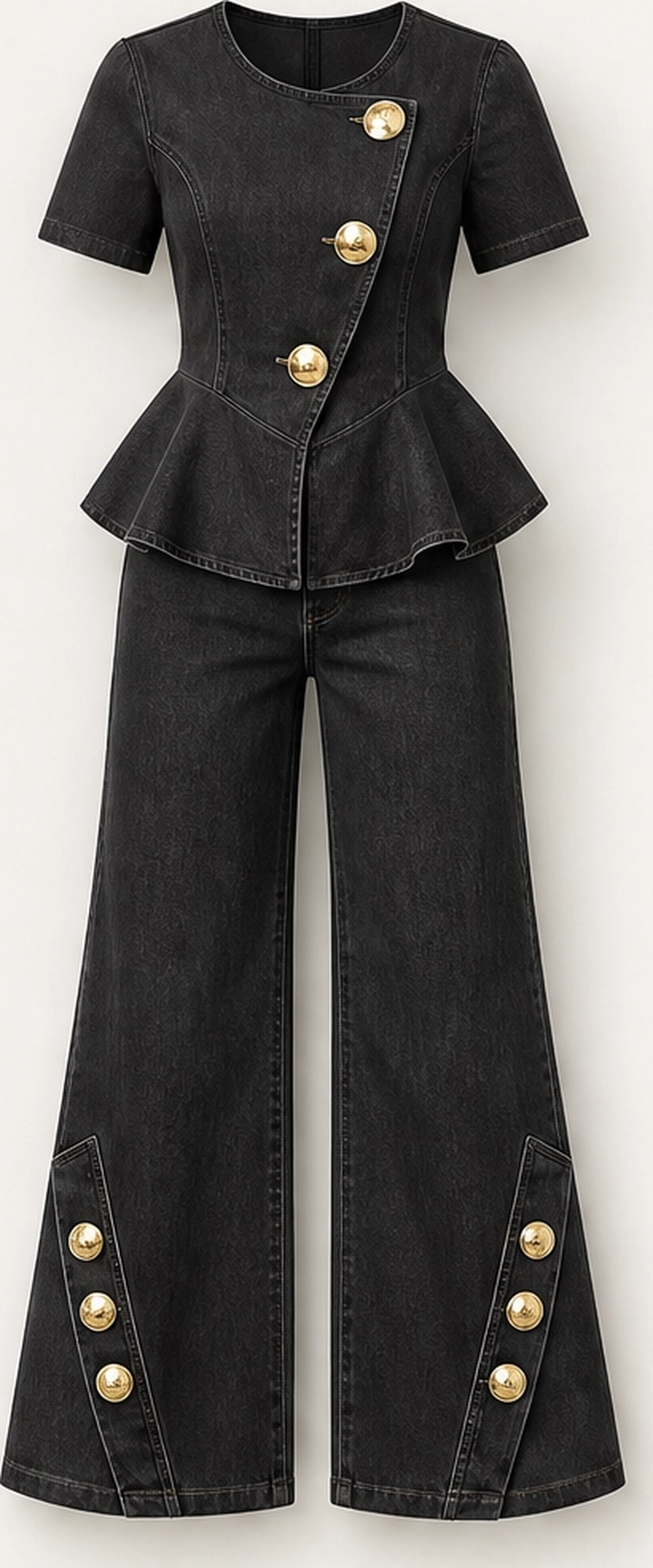 Rivelle – Gold-Button Peplum Top &amp; Wide-Leg Denim Set + 50% OFF