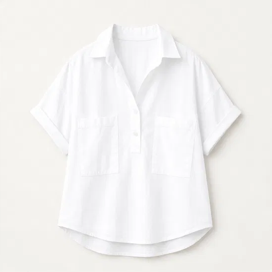Blancelle – Stand Collar Button-Back Relaxed White Blouse + 50% OFF