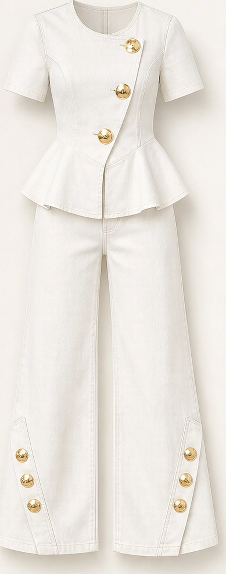 Rivelle – Gold-Button Peplum Top &amp; Wide-Leg Denim Set + 50% OFF