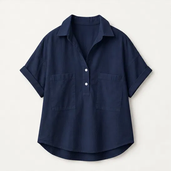Blancelle – Stand Collar Button-Back Relaxed White Blouse + 50% OFF