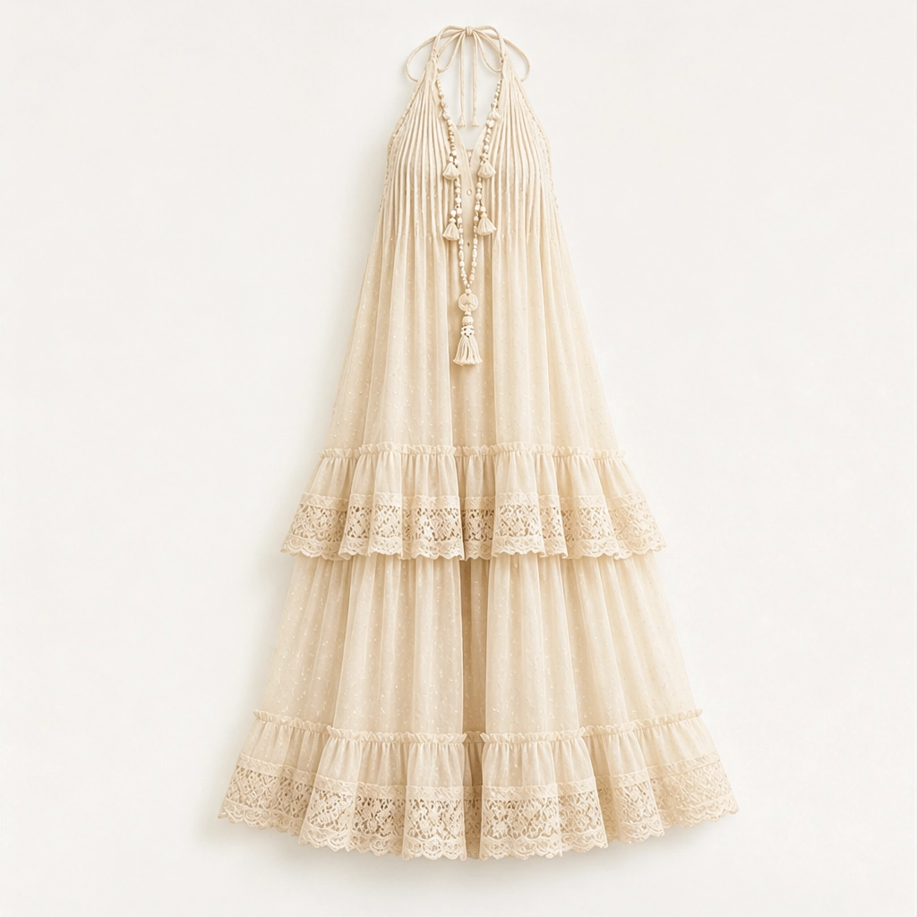 Marisole – Dobby-Dot Lace Tiered Halter Maxi Dress + 50% OFF