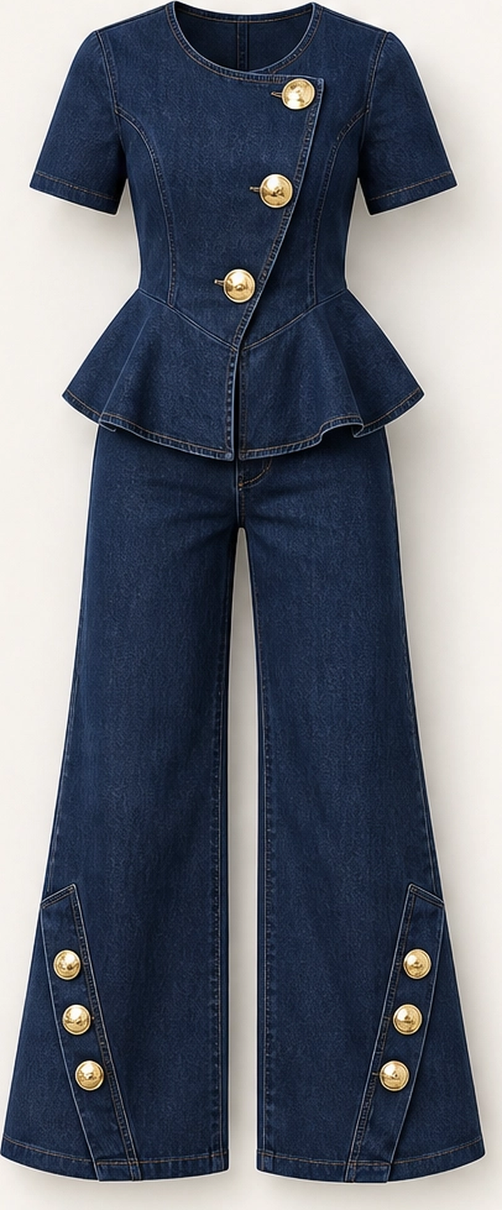 Rivelle – Gold-Button Peplum Top &amp; Wide-Leg Denim Set + 50% OFF