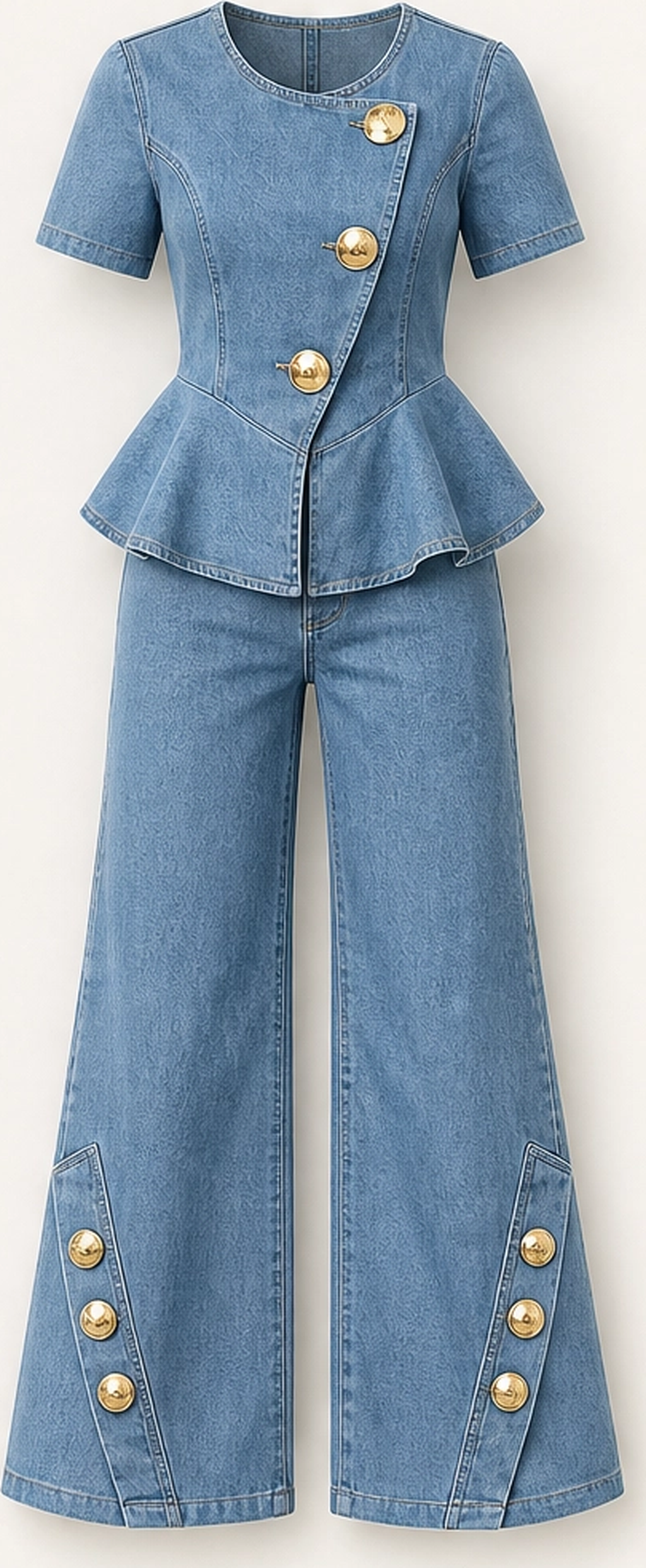 Rivelle – Gold-Button Peplum Top &amp; Wide-Leg Denim Set + 50% OFF