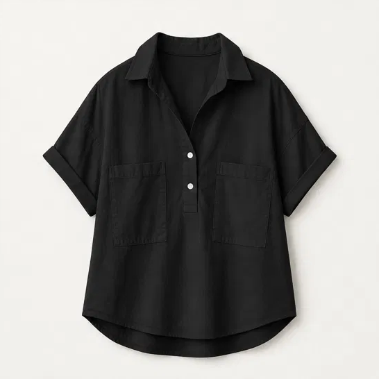 Blancelle – Stand Collar Button-Back Relaxed White Blouse + 50% OFF