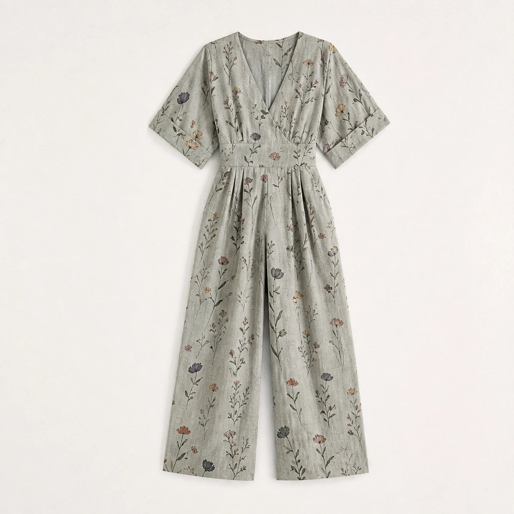 Wrenvale – Floral V-Neck Wide-Leg Jumpsuit with Defined Waist + 50% OFF