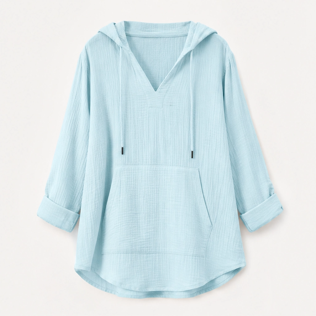 Willowlane – Soft Cotton-Linen Hooded V-Neck Top with Pocket + 50% OFF