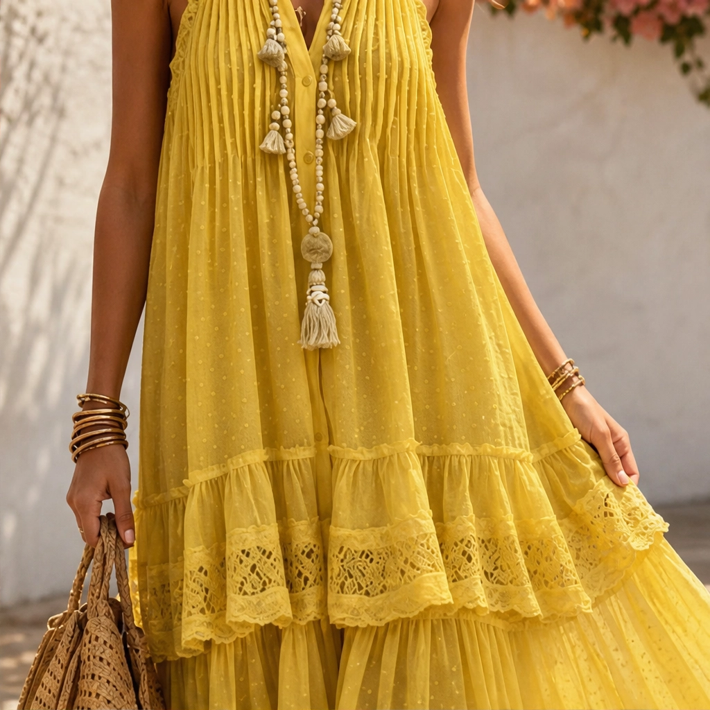 Marisole – Dobby-Dot Lace Tiered Halter Maxi Dress + 50% OFF