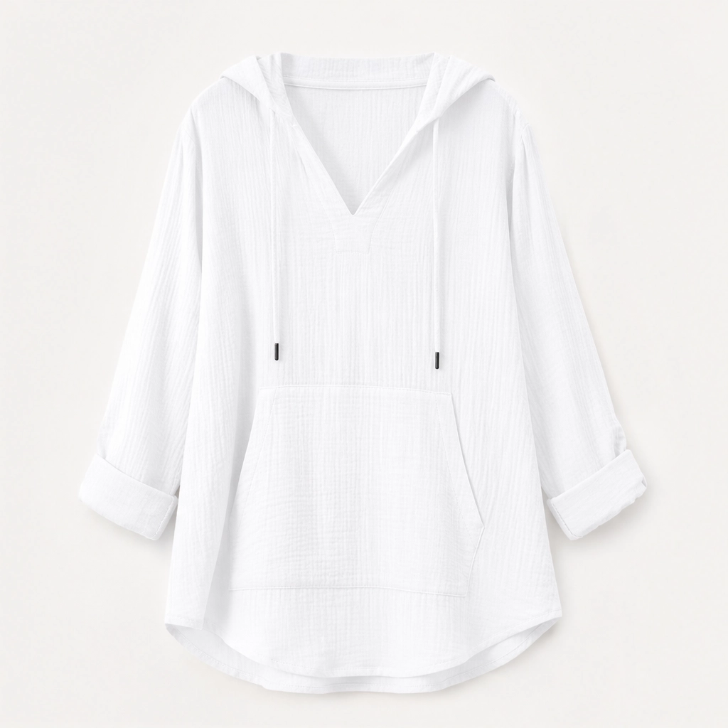 Willowlane – Soft Cotton-Linen Hooded V-Neck Top with Pocket + 50% OFF
