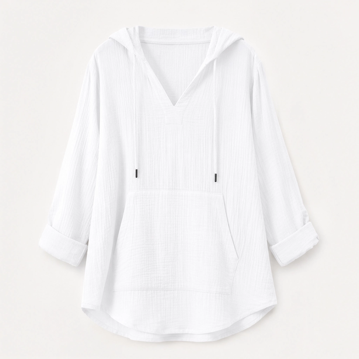 Willowlane – Soft Cotton-Linen Hooded V-Neck Top with Pocket + 50% OFF