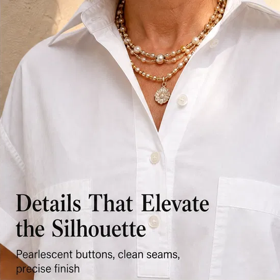 Blancelle – Stand Collar Button-Back Relaxed White Blouse + 50% OFF