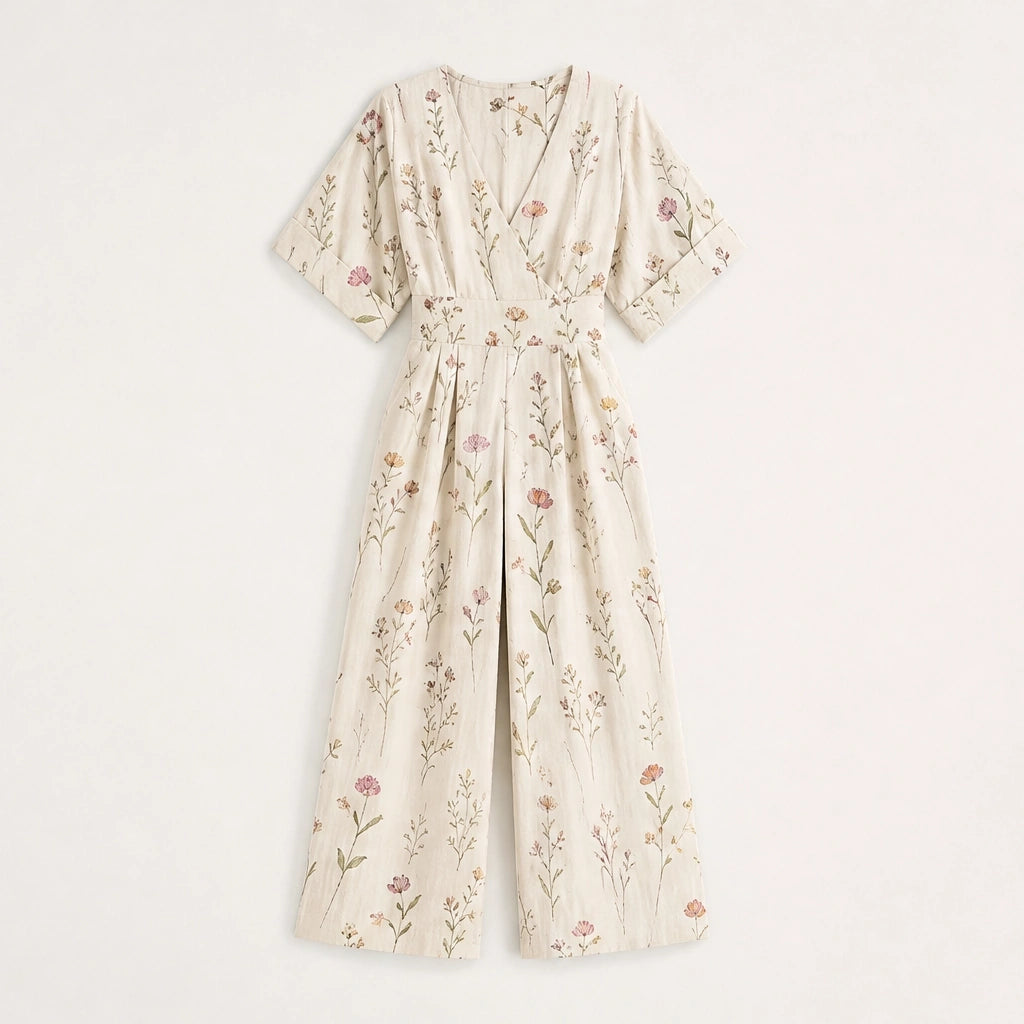 Wrenvale – Floral V-Neck Wide-Leg Jumpsuit with Defined Waist + 50% OFF