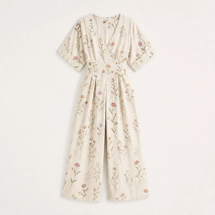 Wrenvale – Floral V-Neck Wide-Leg Jumpsuit with Defined Waist + 50% OFF