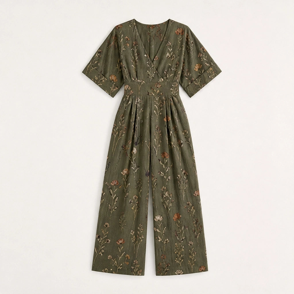 Wrenvale – Floral V-Neck Wide-Leg Jumpsuit with Defined Waist + 50% OFF