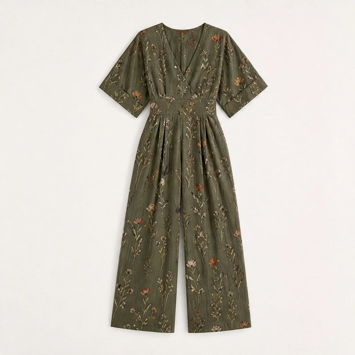 Wrenvale – Floral V-Neck Wide-Leg Jumpsuit with Defined Waist + 50% OFF