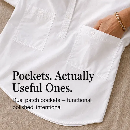 Blancelle – Stand Collar Button-Back Relaxed White Blouse + 50% OFF