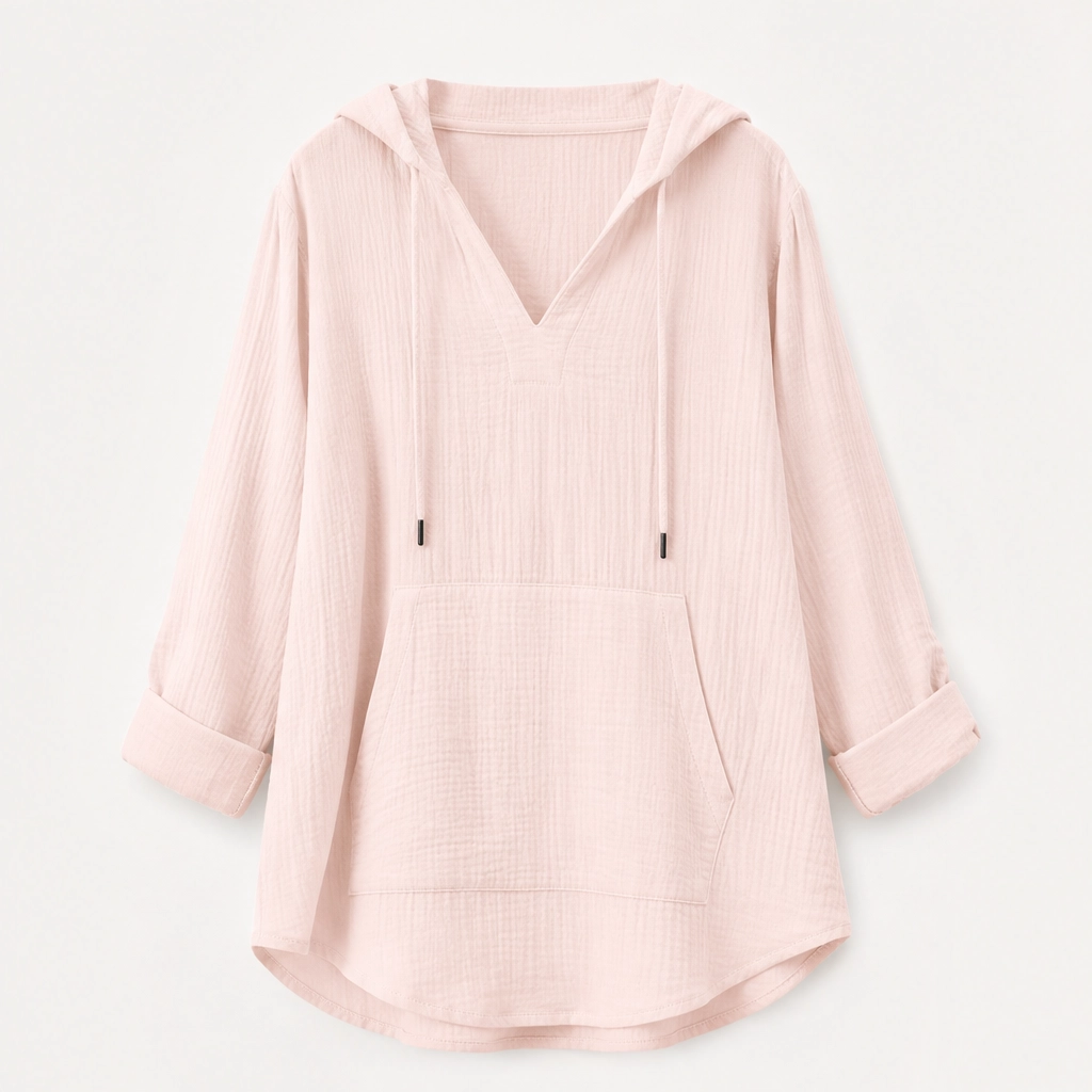 Willowlane – Soft Cotton-Linen Hooded V-Neck Top with Pocket + 50% OFF