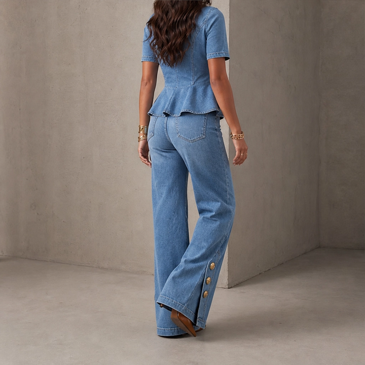 Rivelle – Gold-Button Peplum Top &amp; Wide-Leg Denim Set + 50% OFF